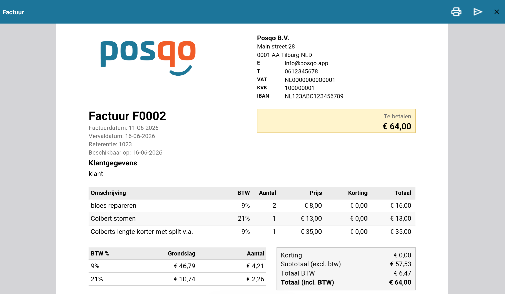 Posqo order factuur PDF scherm
